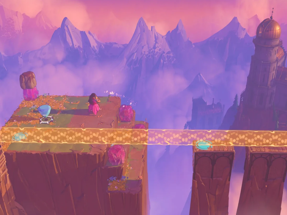 A character stands on a patterned bridge above a mountain valley in Order of the Sinking Star.