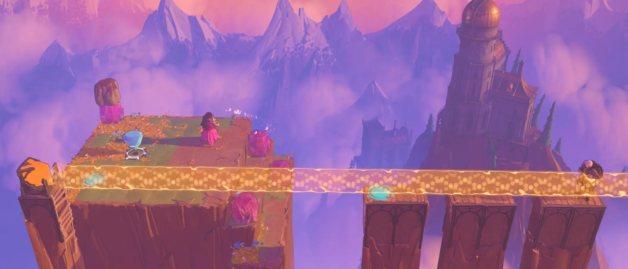 A character stands on a patterned bridge above a mountain valley in Order of the Sinking Star.