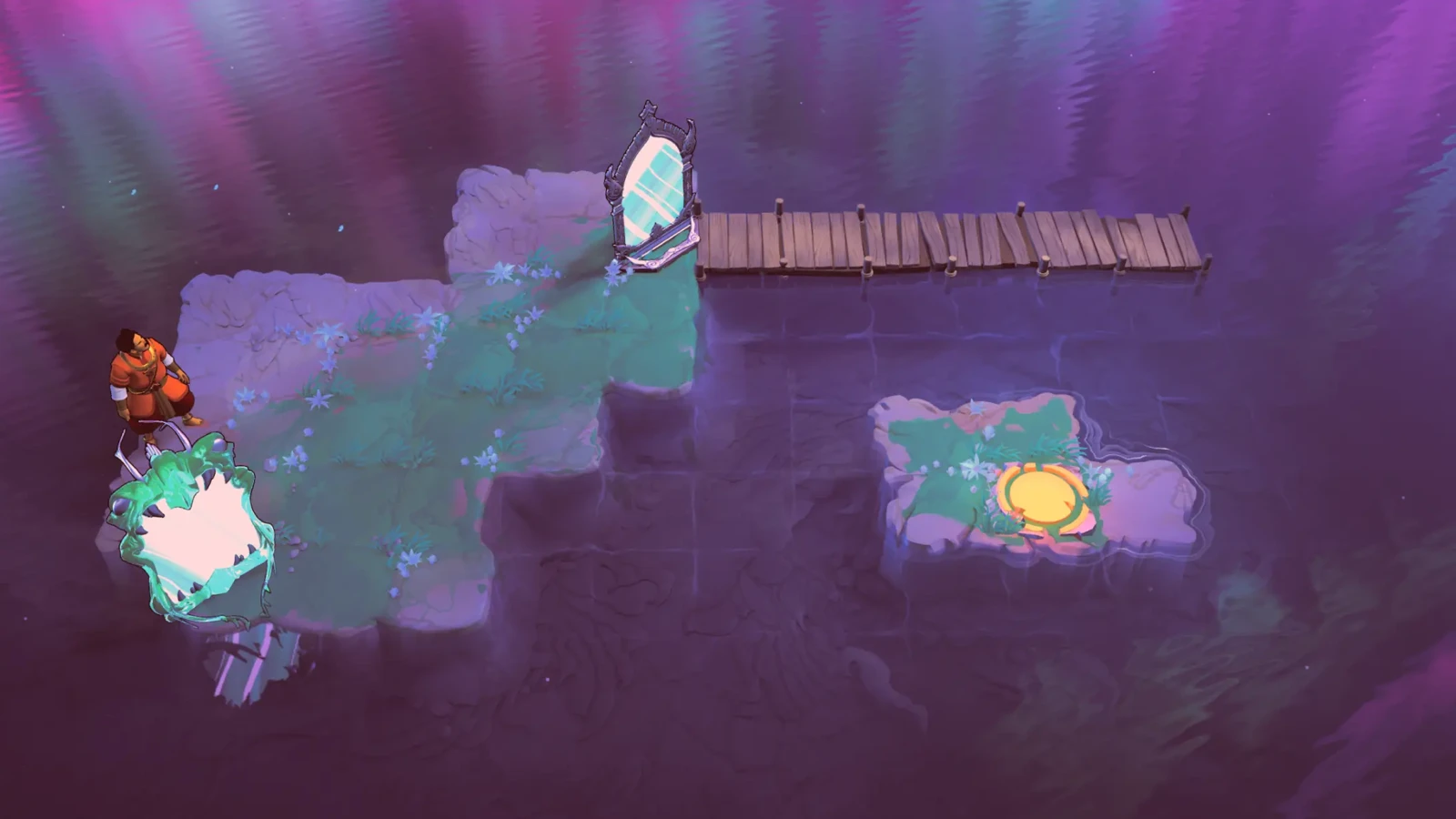 Small figures and bright crystals occupy floating islands in a purple puzzle realm.