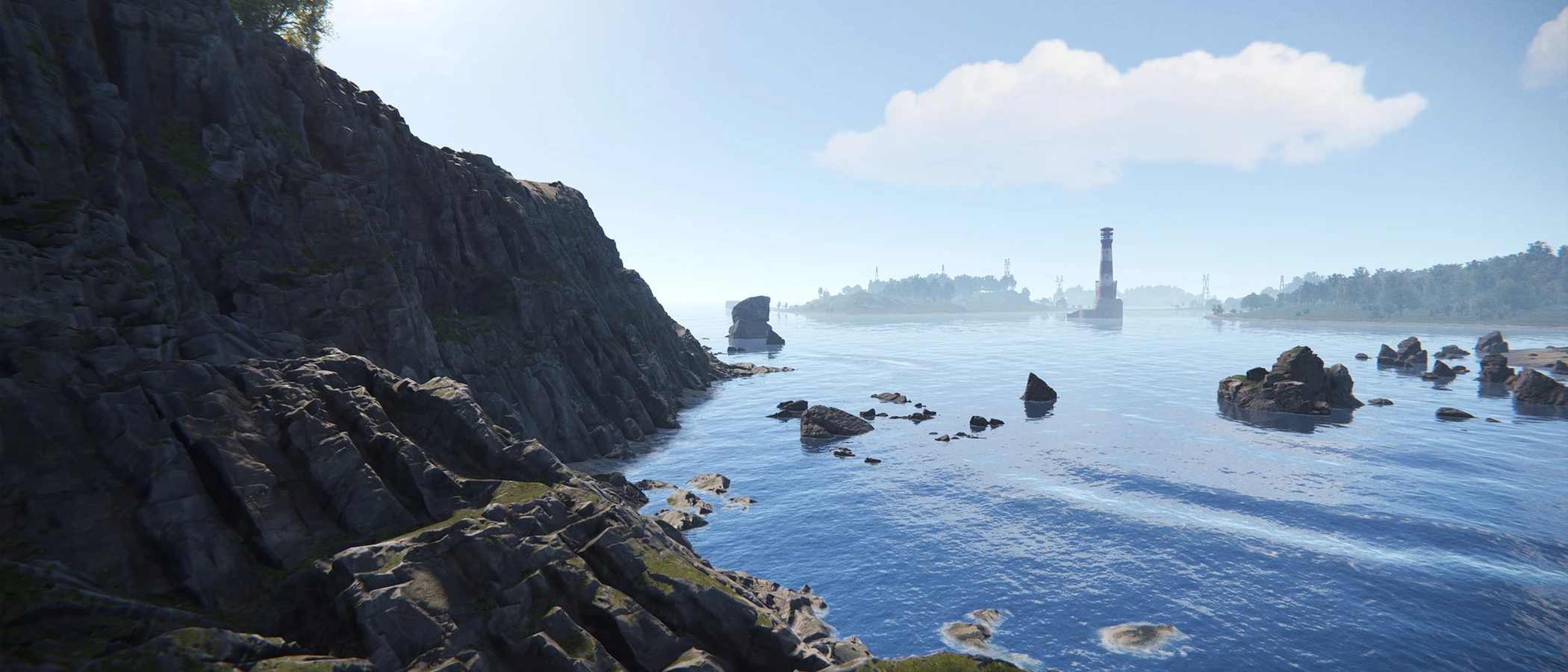 Rocky Rust coastline overlooking water and a distant lighthouse