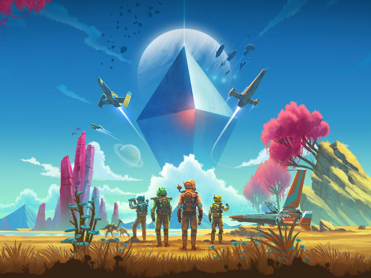 A No Man's Sky traveller stands on a rocky world below a star-filled sky.