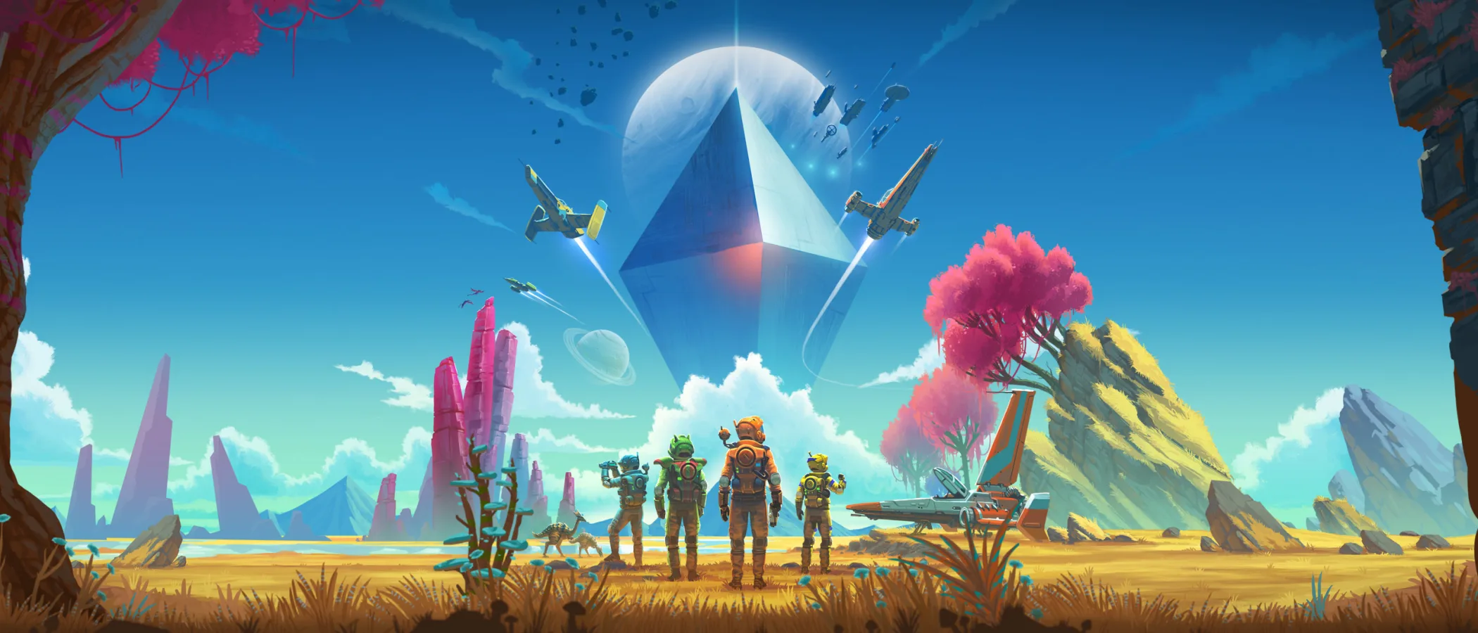 A No Man's Sky traveller stands on a rocky world below a star-filled sky.