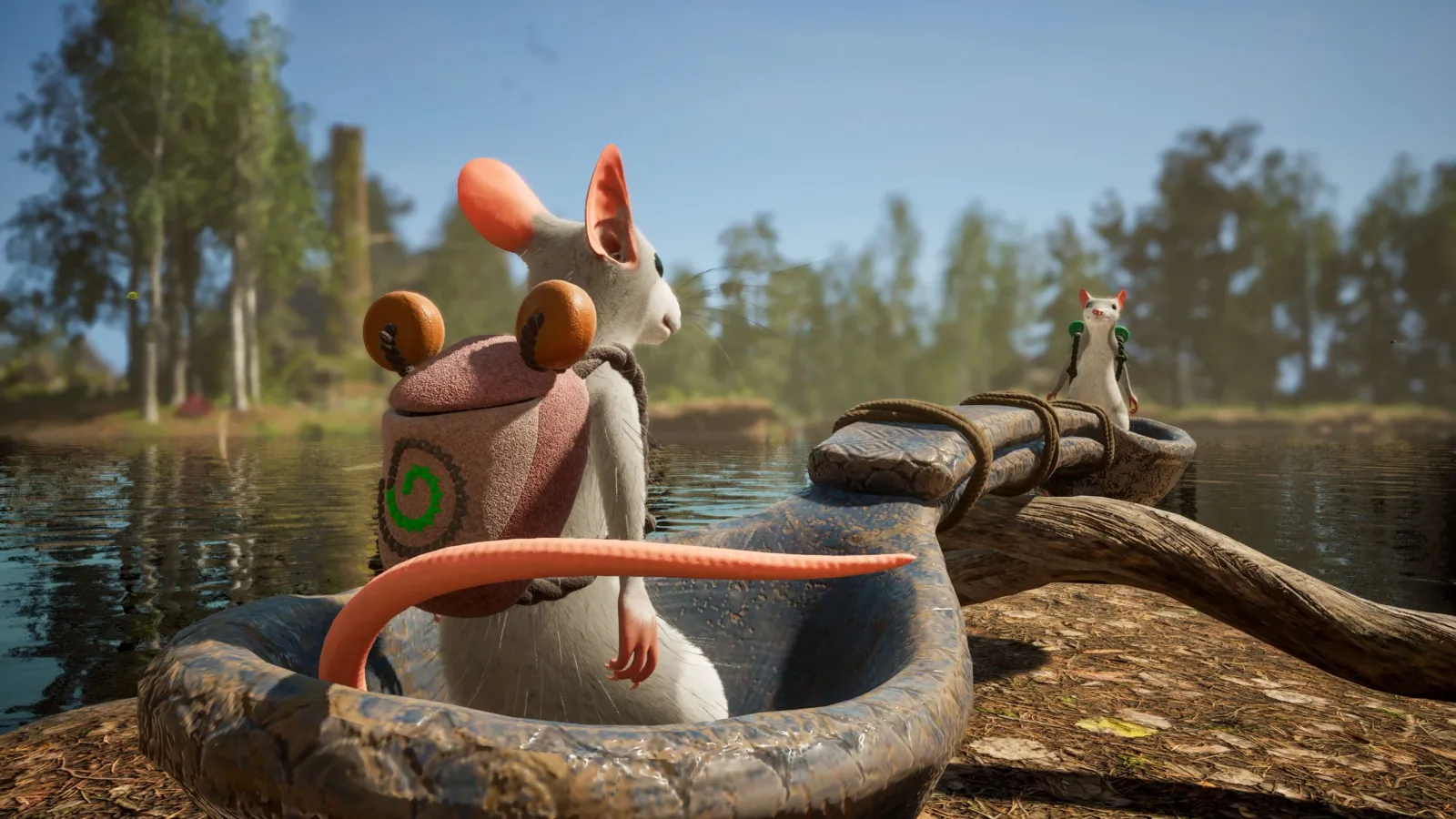 Two mice wearing backpacks stand in a small raft at the edge of a lake.
