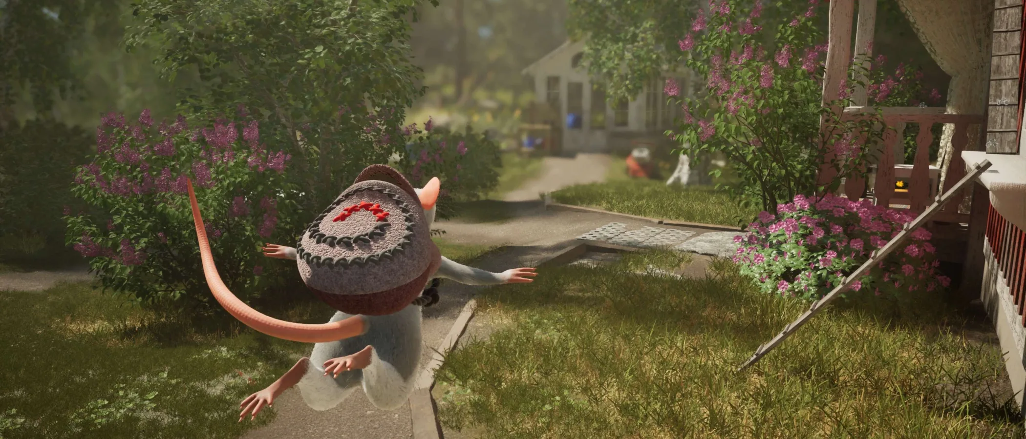 A small mouse wearing a stitched backpack jumps through a garden beside a cottage.