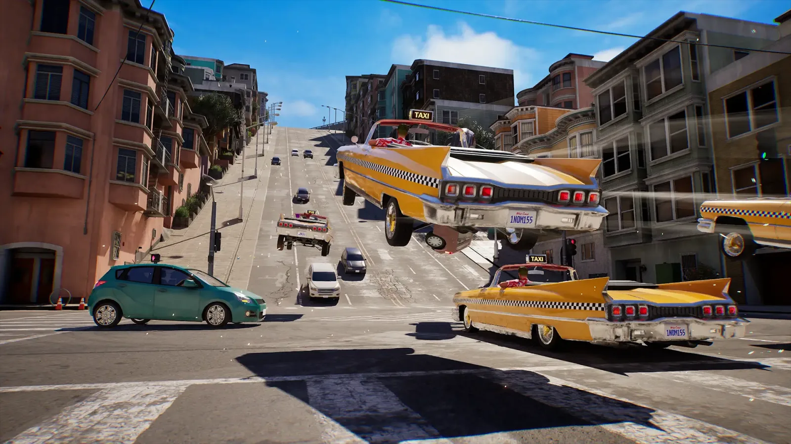 Several yellow taxis jump through traffic on a steep city street in Crazy Taxi: World Tour.