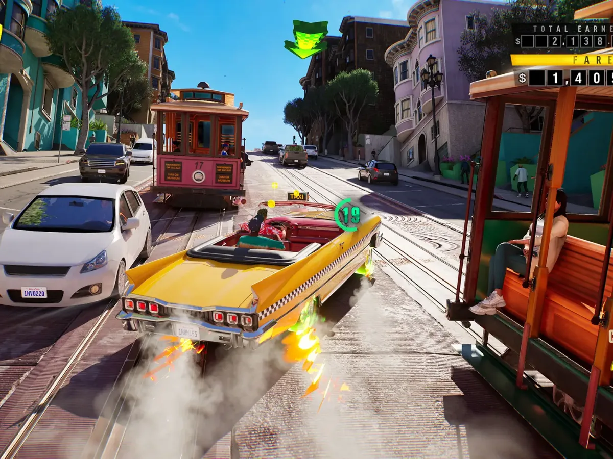 A yellow taxi drives through city traffic while a green passenger timer and fare meter appear on screen.
