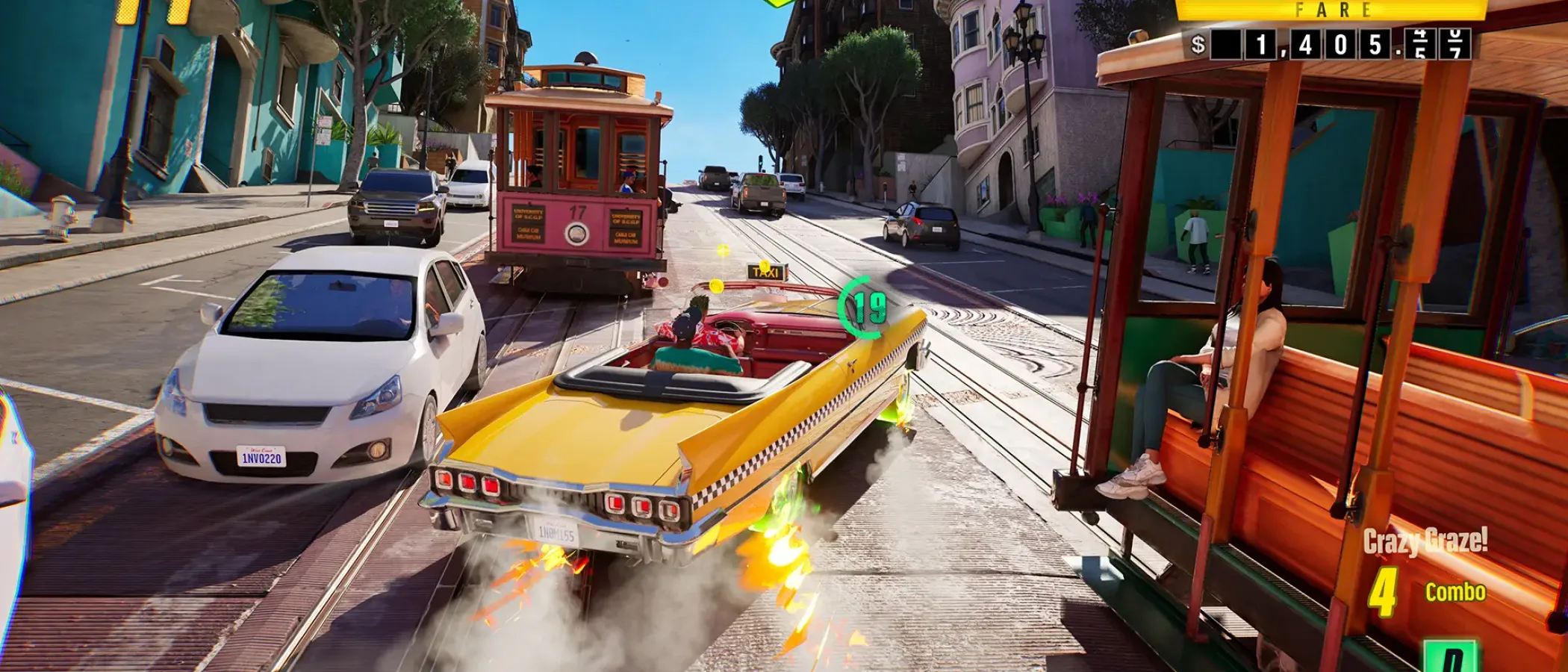 A yellow taxi drives through city traffic while a green passenger timer and fare meter appear on screen.