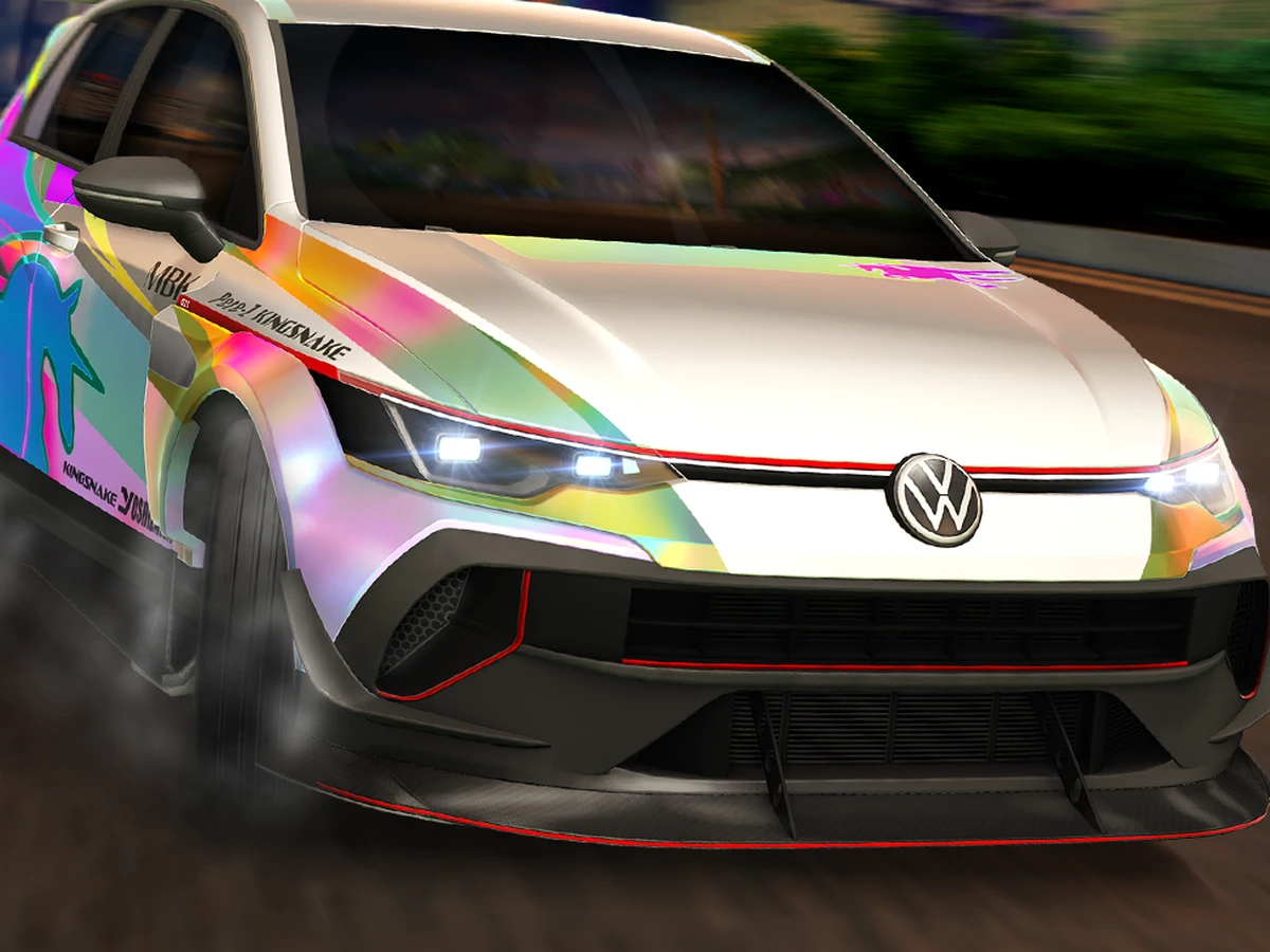A customised Volkswagen Golf GTI driving through a city in official Rocket League Season 24 artwork