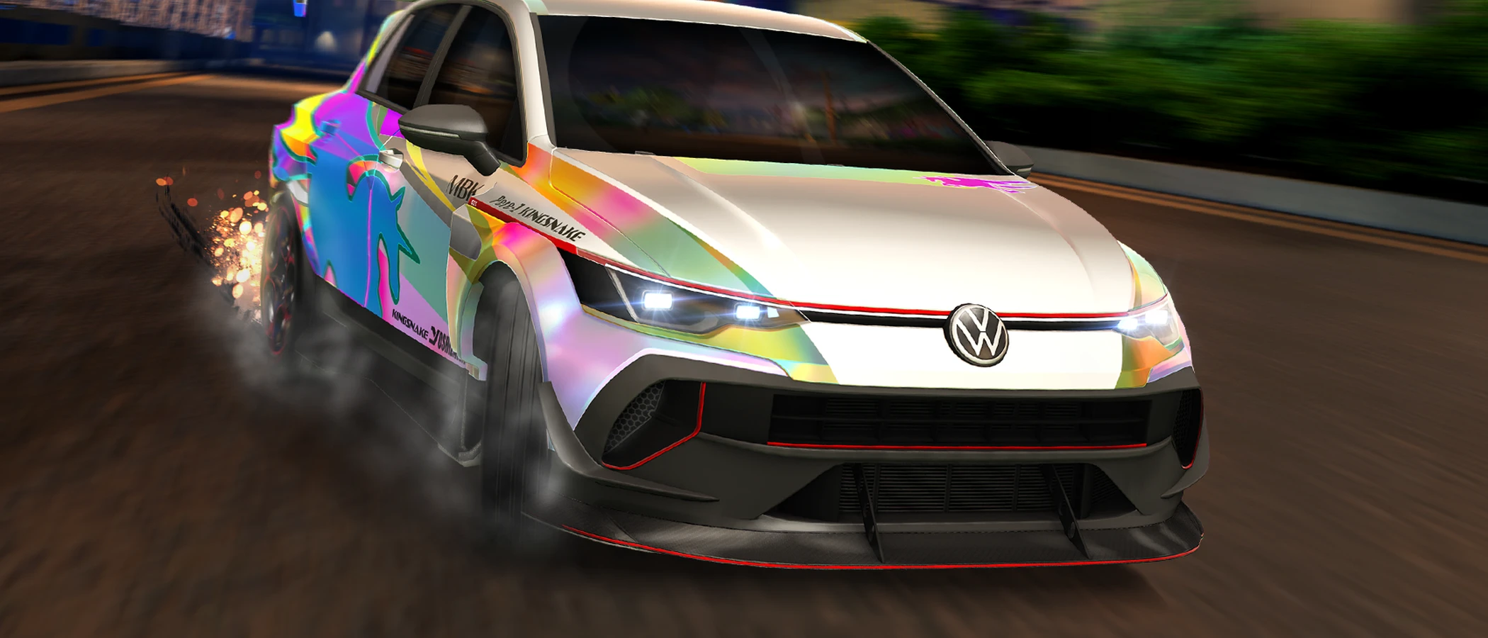A customised Volkswagen Golf GTI driving through a city in official Rocket League Season 24 artwork