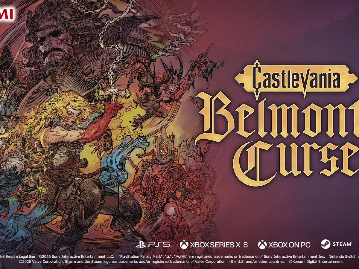 Illustrated Rose Belmont raises a whip amid monsters beside the Castlevania: Belmont's Curse logo.