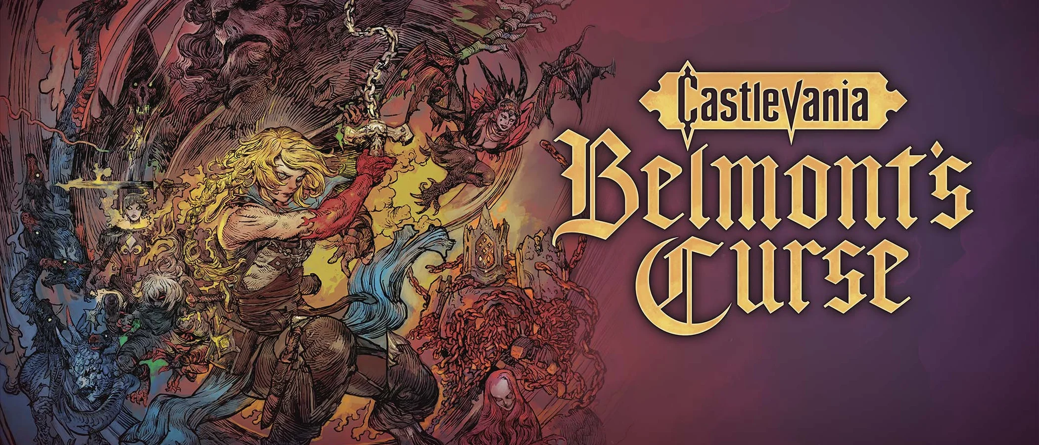 Illustrated Rose Belmont raises a whip amid monsters beside the Castlevania: Belmont's Curse logo.