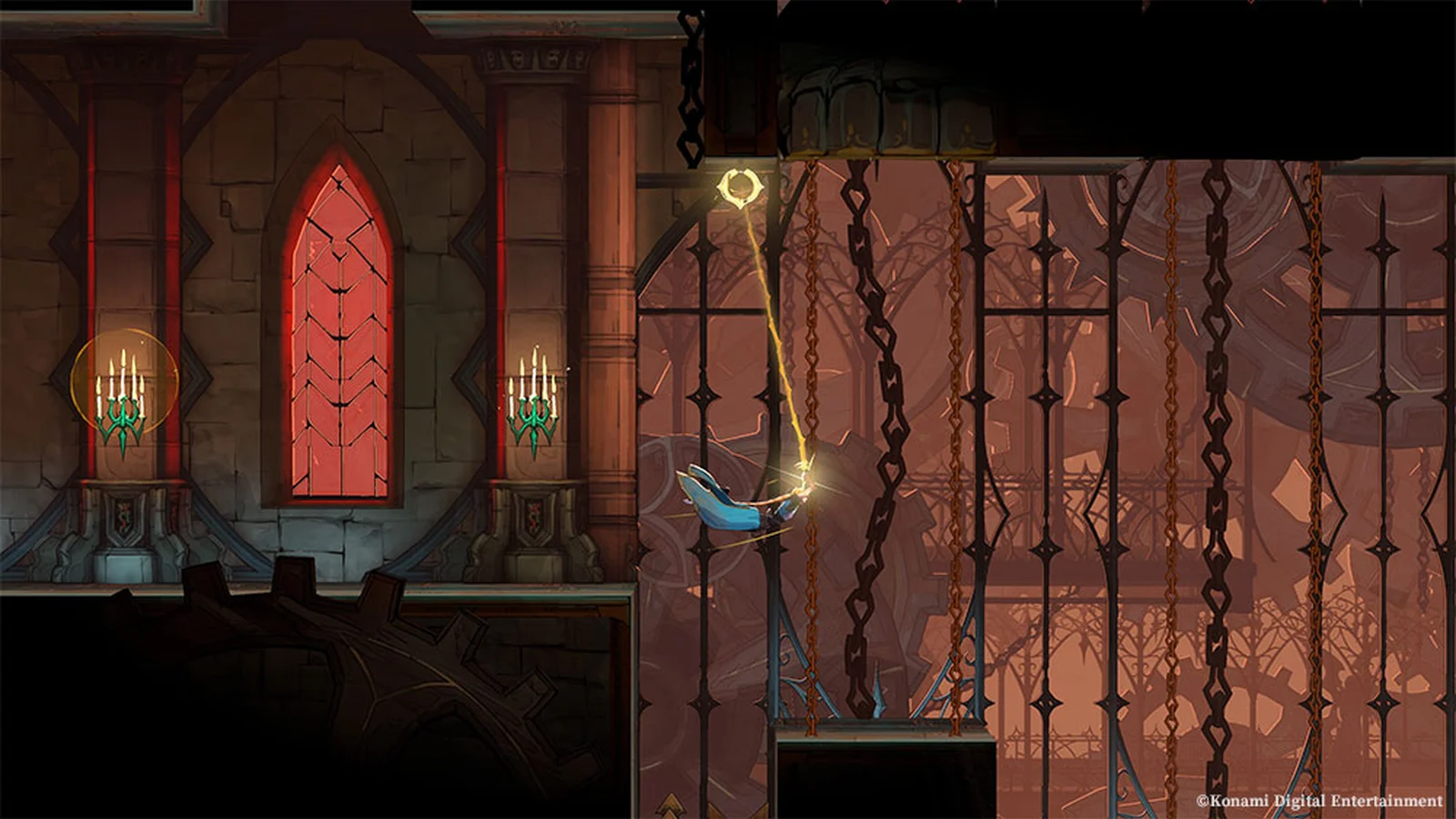 Rose Belmont swings from a glowing overhead point across a gap in a gothic room.