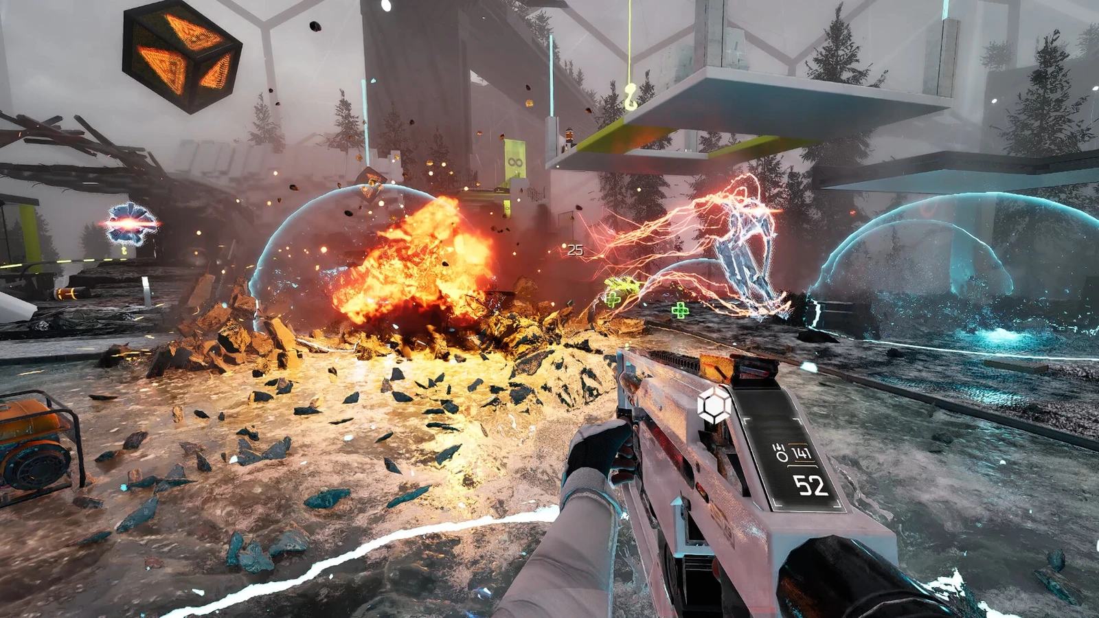 Fire, electrical effects and scattered debris surround enemies in a VOID/BREAKER arena.