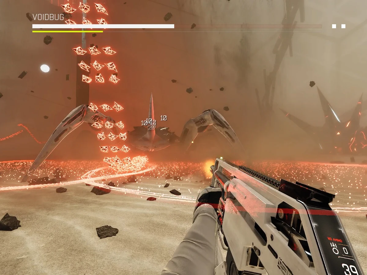A first-person weapon points towards a mechanical boss amid red projectiles and scattered rocks.