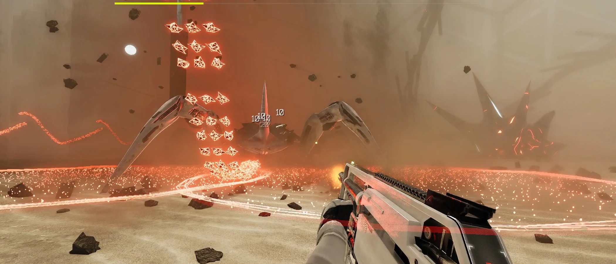 A first-person weapon points towards a mechanical boss amid red projectiles and scattered rocks.
