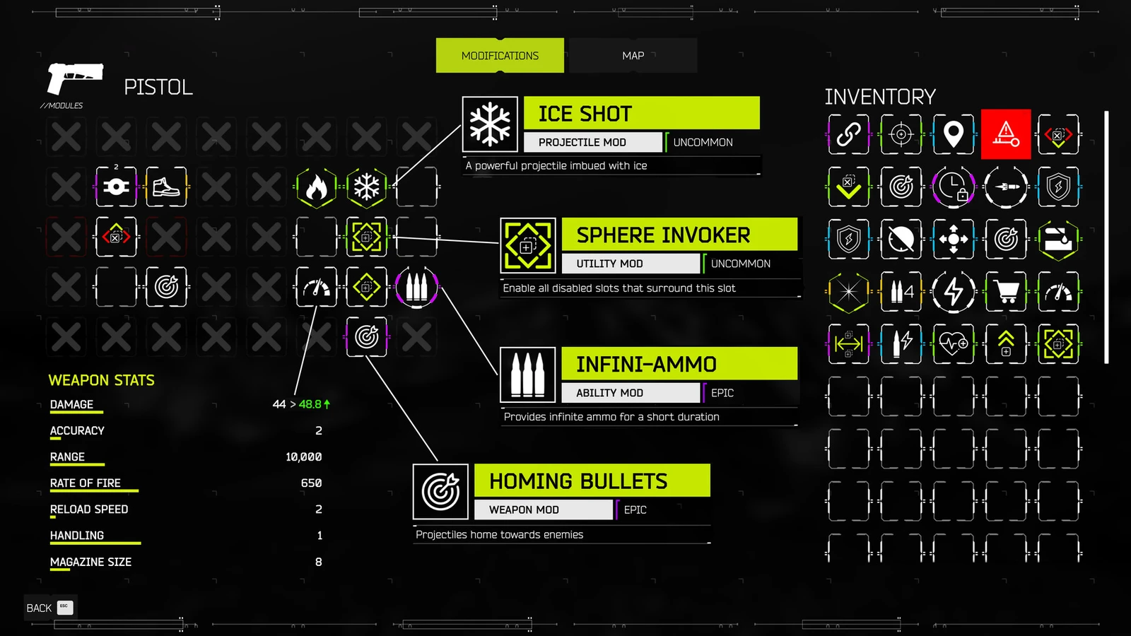 A pistol modification grid displays Ice Shot, Sphere Invoker, Infini-Ammo and Homing Bullets beside an inventory.