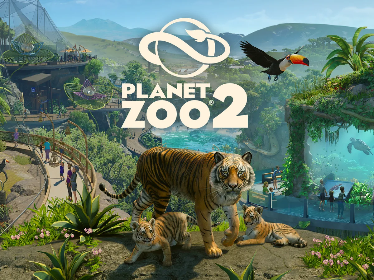 A Sumatran tiger and two cubs stand above a busy zoo in Planet Zoo 2.
