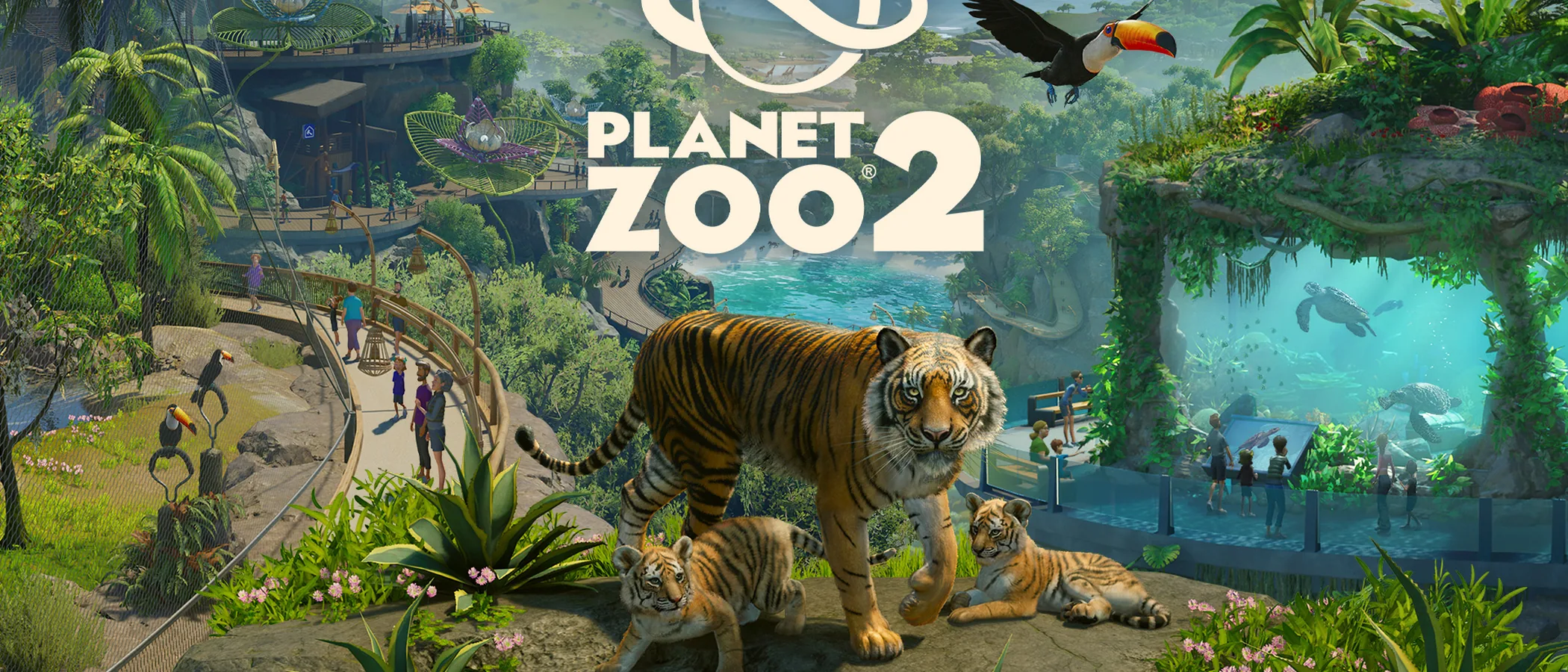 A Sumatran tiger and two cubs stand above a busy zoo in Planet Zoo 2.