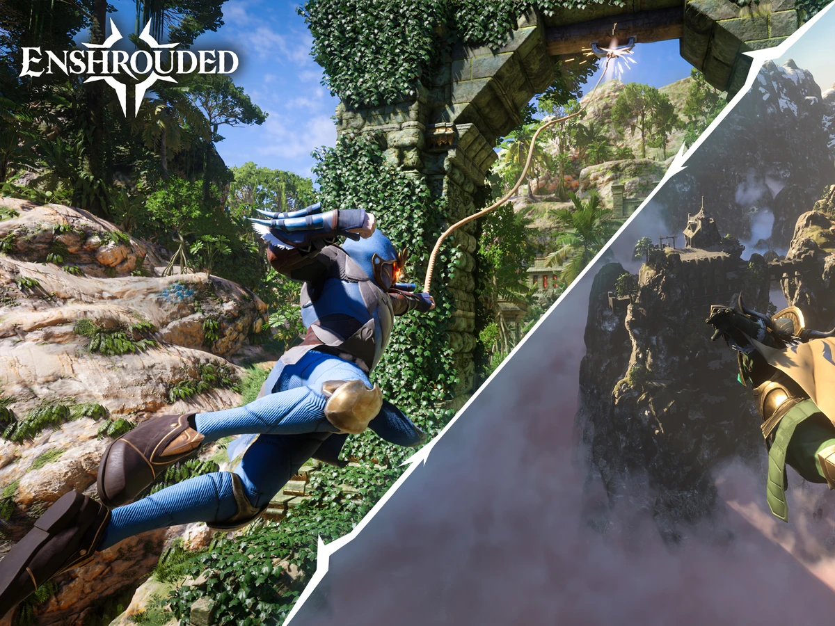 Split Enshrouded artwork shows an adventurer using a grappling hook and another gliding through cliffs.