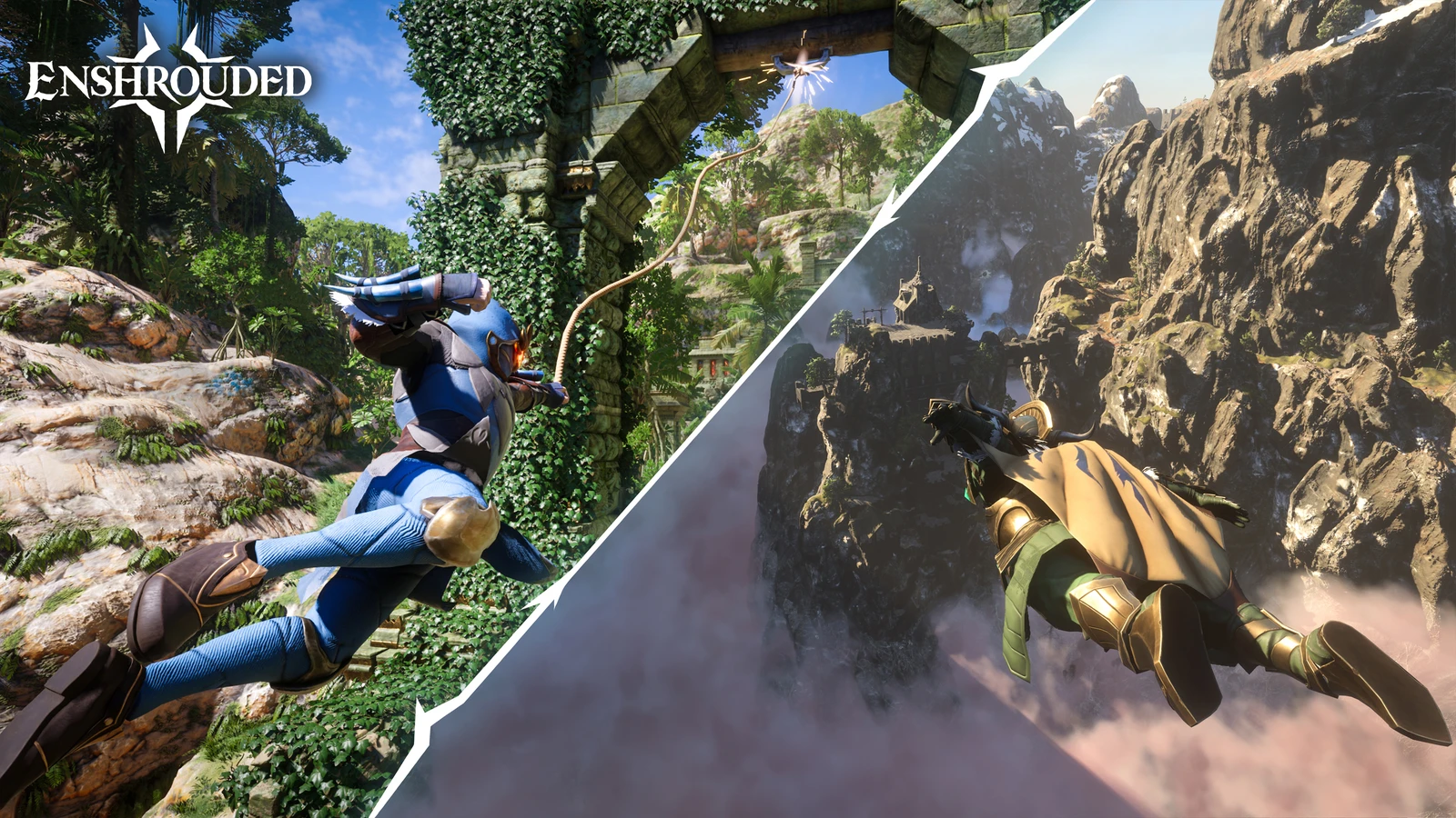 Split Enshrouded artwork shows an adventurer using a grappling hook and another gliding through cliffs.