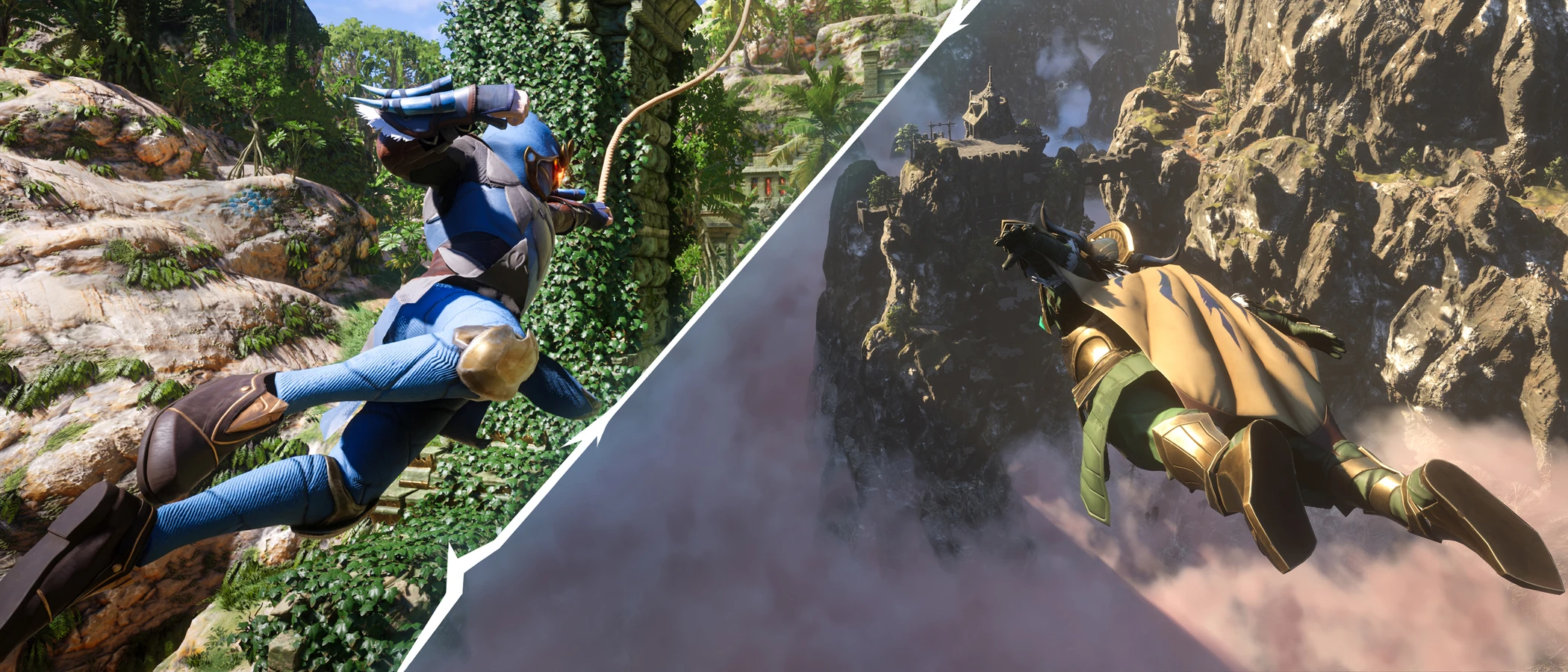 Split Enshrouded artwork shows an adventurer using a grappling hook and another gliding through cliffs.