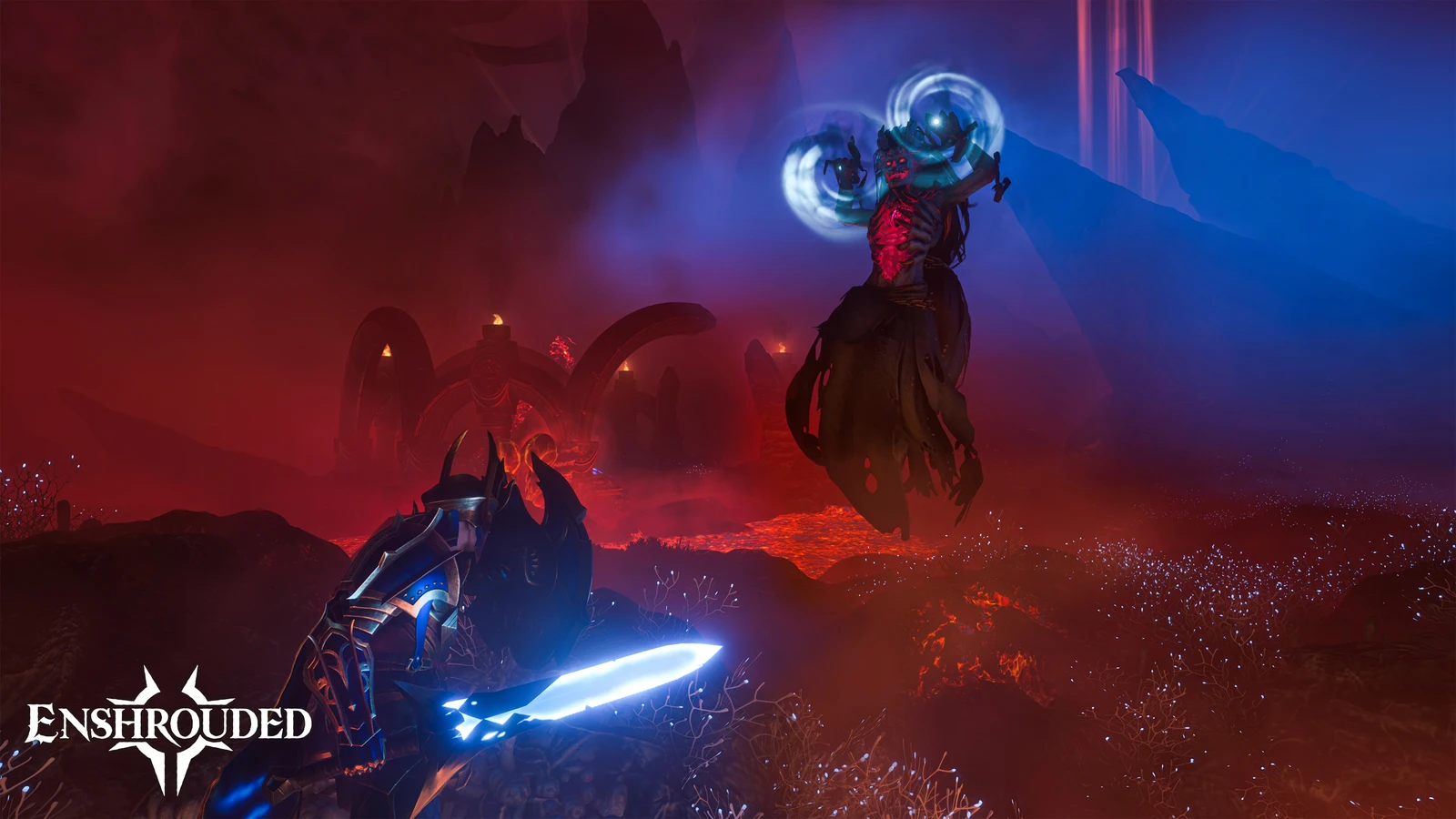 An armoured adventurer faces a floating enemy above lava in Enshrouded.