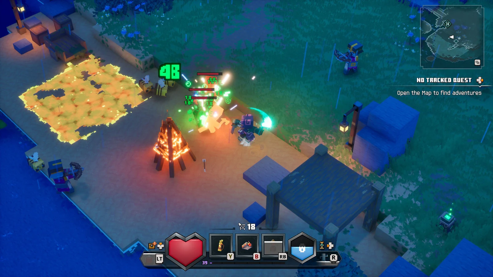 A hero attacks mobs beside a campfire while fire and green combat effects light the scene