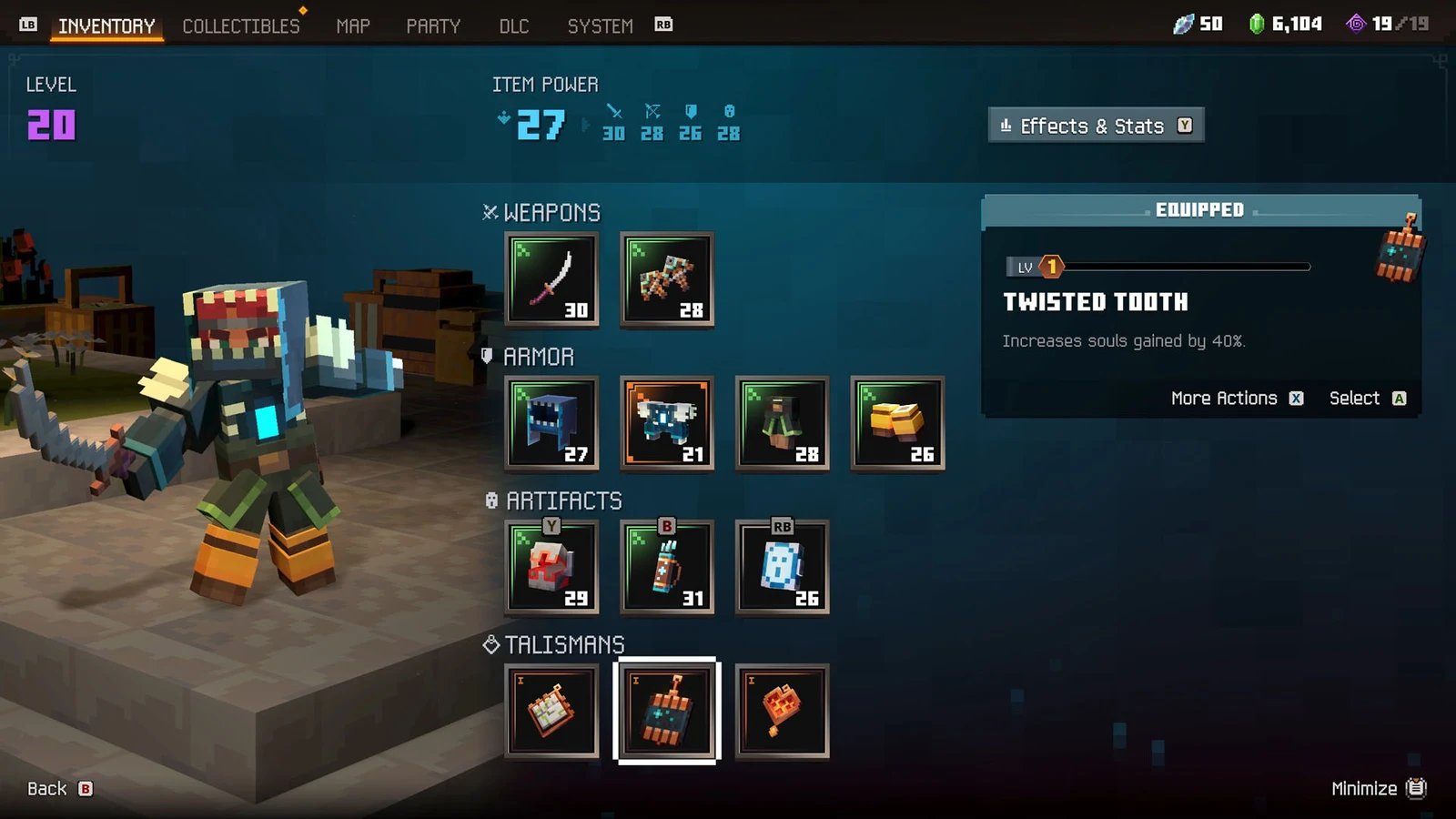 Minecraft Dungeons II inventory showing weapons, four armour slots, artifacts and three talismans