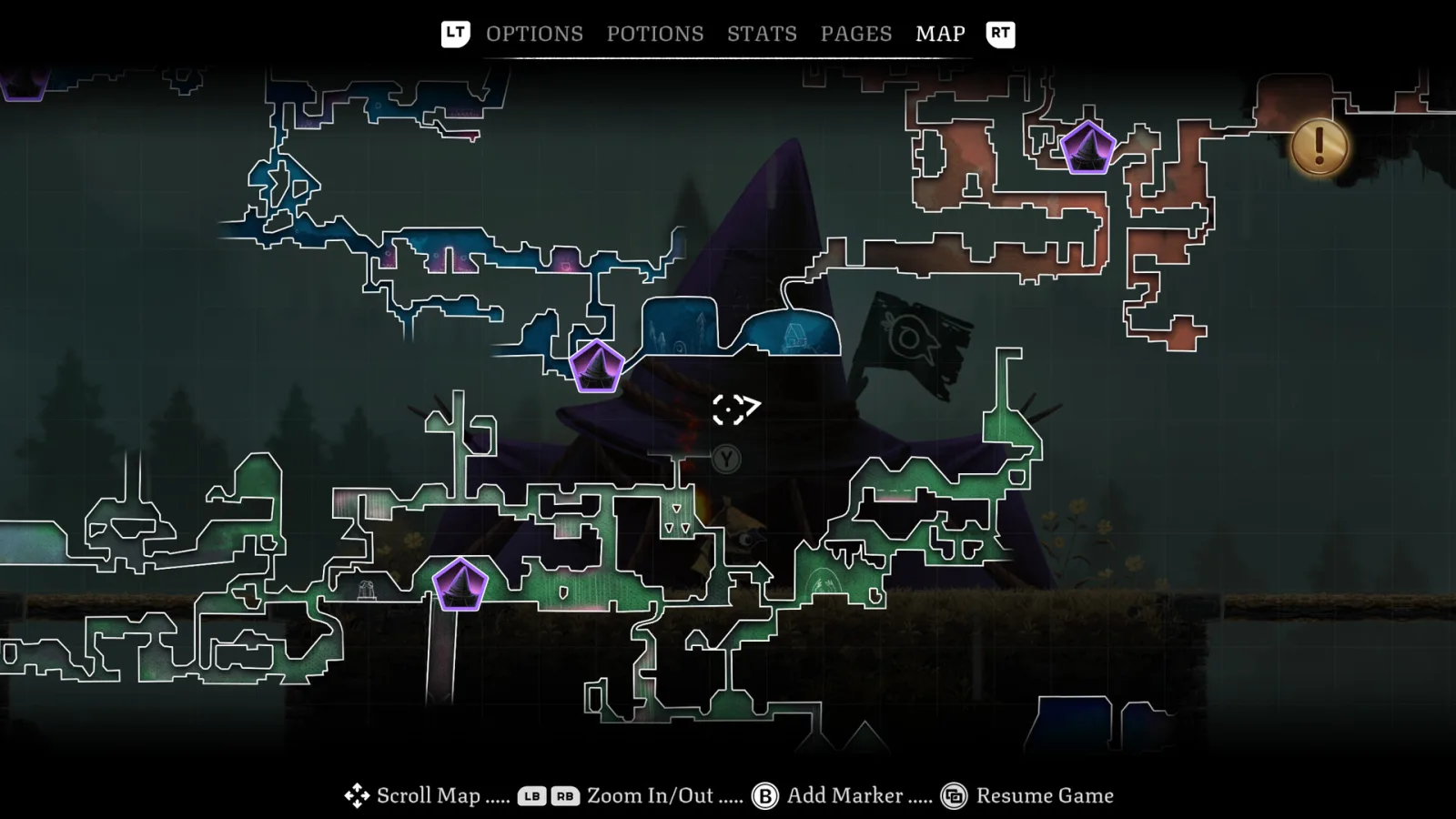 The Well Dweller map shows a large network of rooms, paths and markers across several coloured areas.