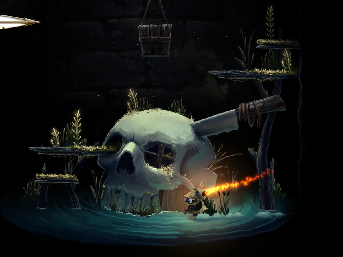 Glimmer shines a burning matchstick at a small doorway in a skull-shaped structure in Well Dweller.