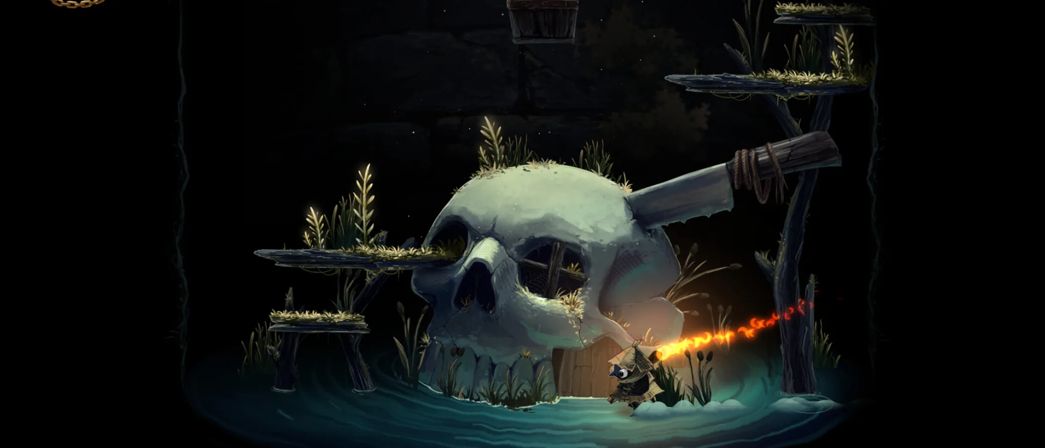 Glimmer shines a burning matchstick at a small doorway in a skull-shaped structure in Well Dweller.