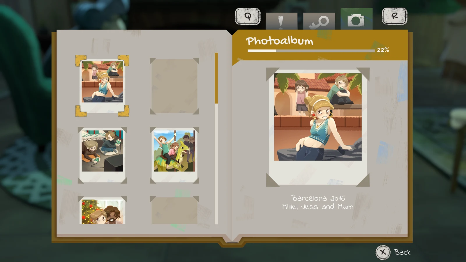 An open family photo album displays a Barcelona holiday picture and empty slots.