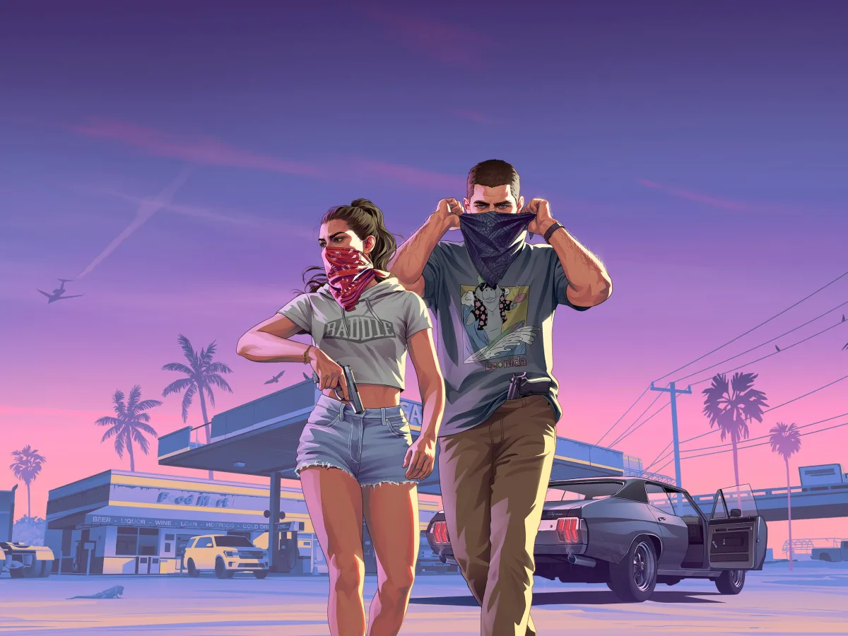 Jason and Lucia stand masked beside a car outside a roadside shop at sunset.