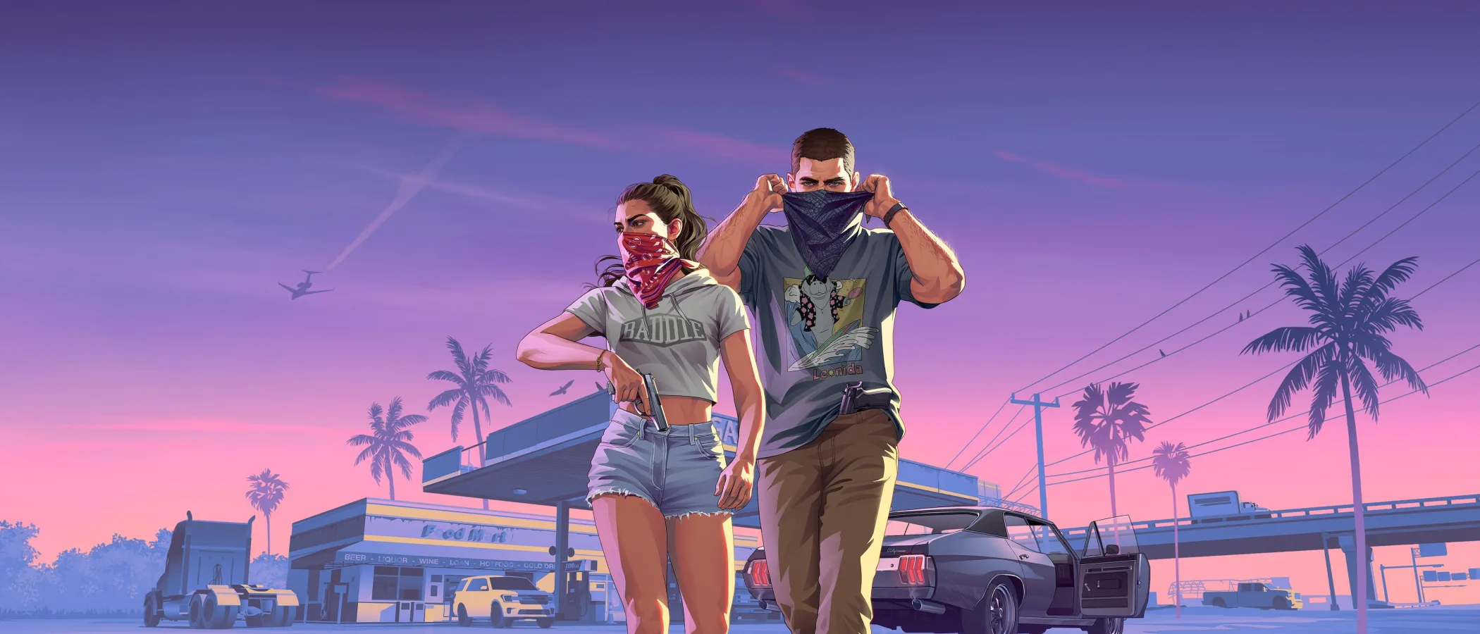 Jason and Lucia stand masked beside a car outside a roadside shop at sunset.
