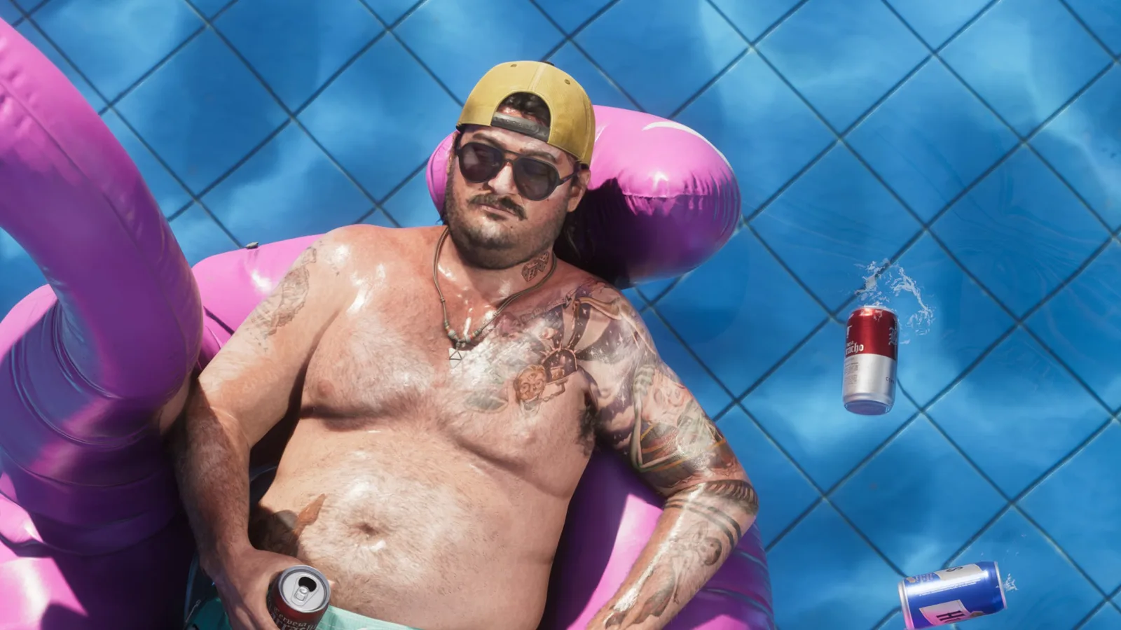 A man in a yellow cap floats in a pink inflatable chair in a swimming pool.