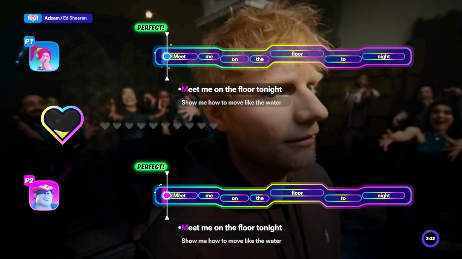 Two coloured vocal tracks over an Ed Sheeran music video in a singing screenshot
