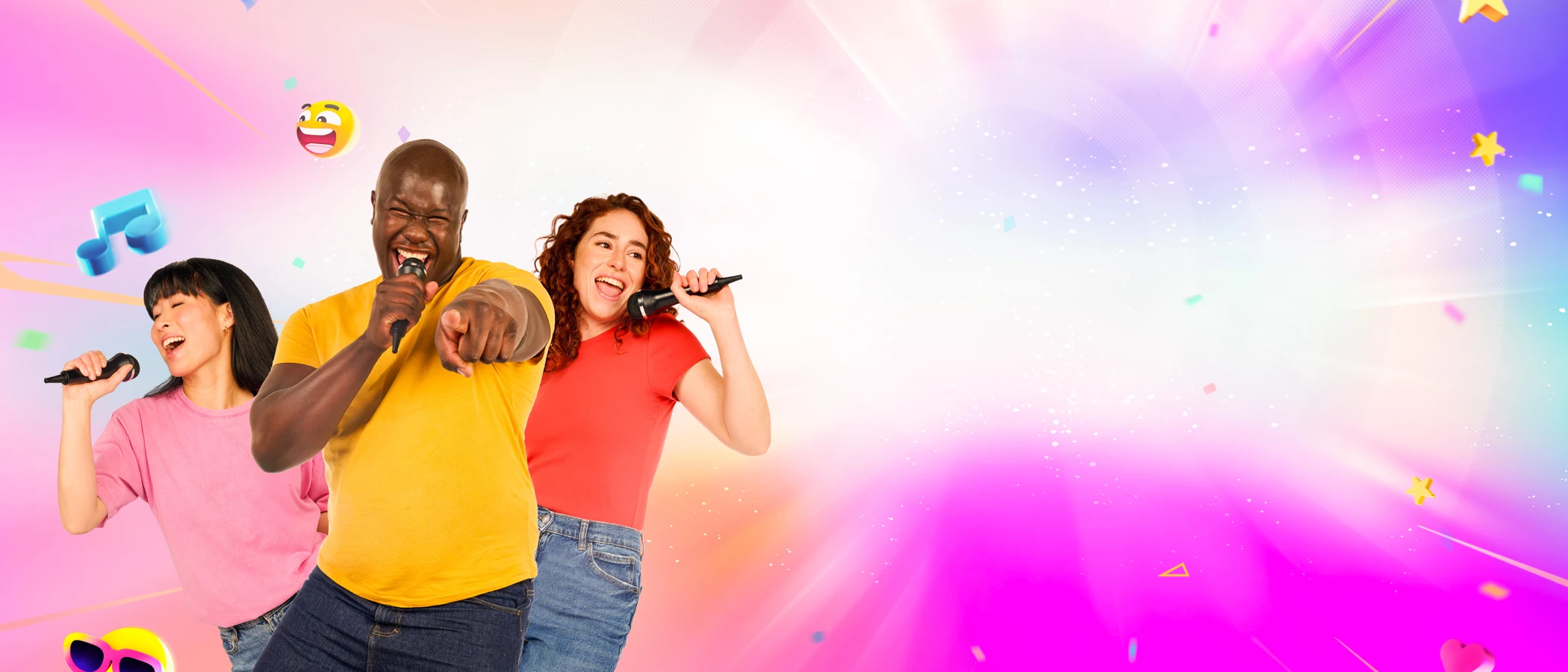 Three singers holding microphones against a pink and blue background