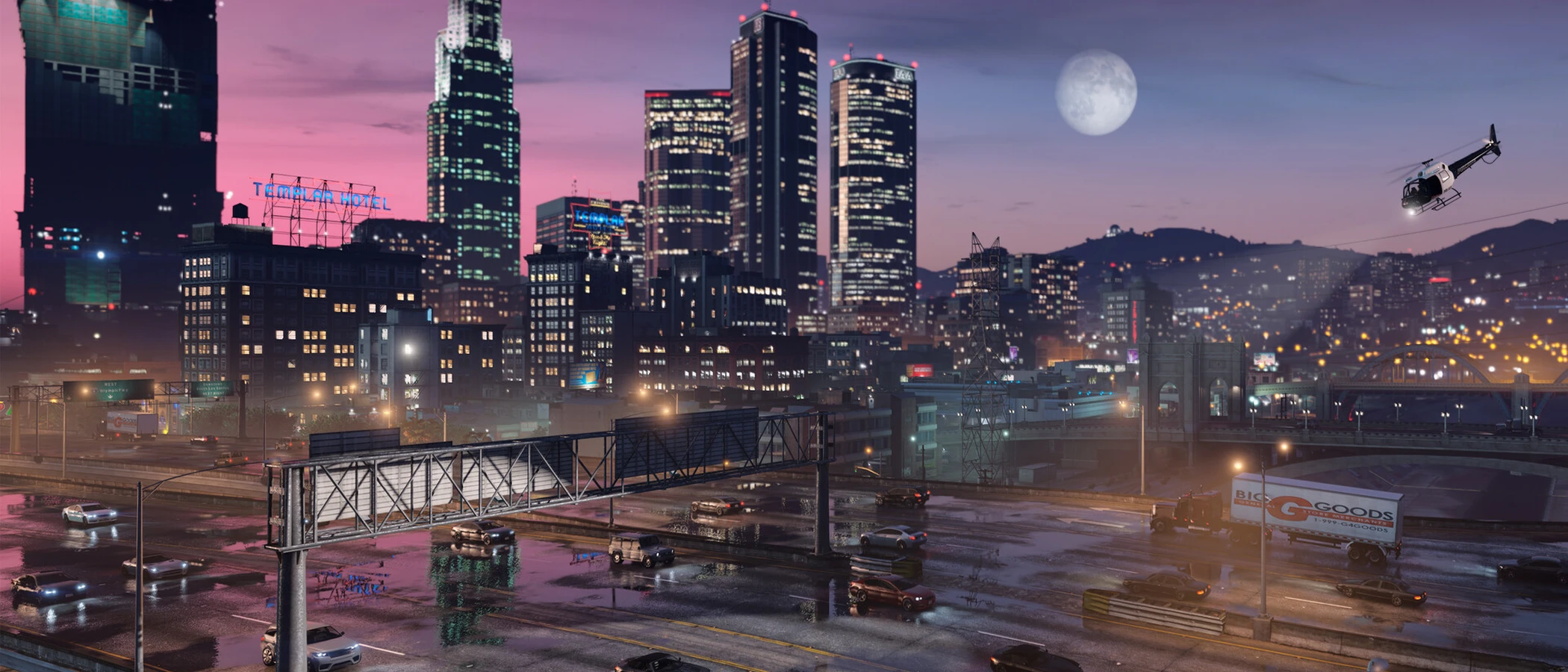 The Los Santos skyline and illuminated roads at dusk in Grand Theft Auto V Enhanced.
