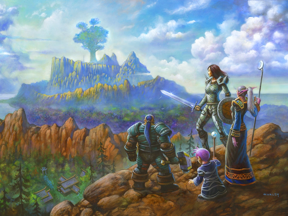 Alliance adventurers stand on a rocky ledge overlooking a wooded valley and distant mountains.