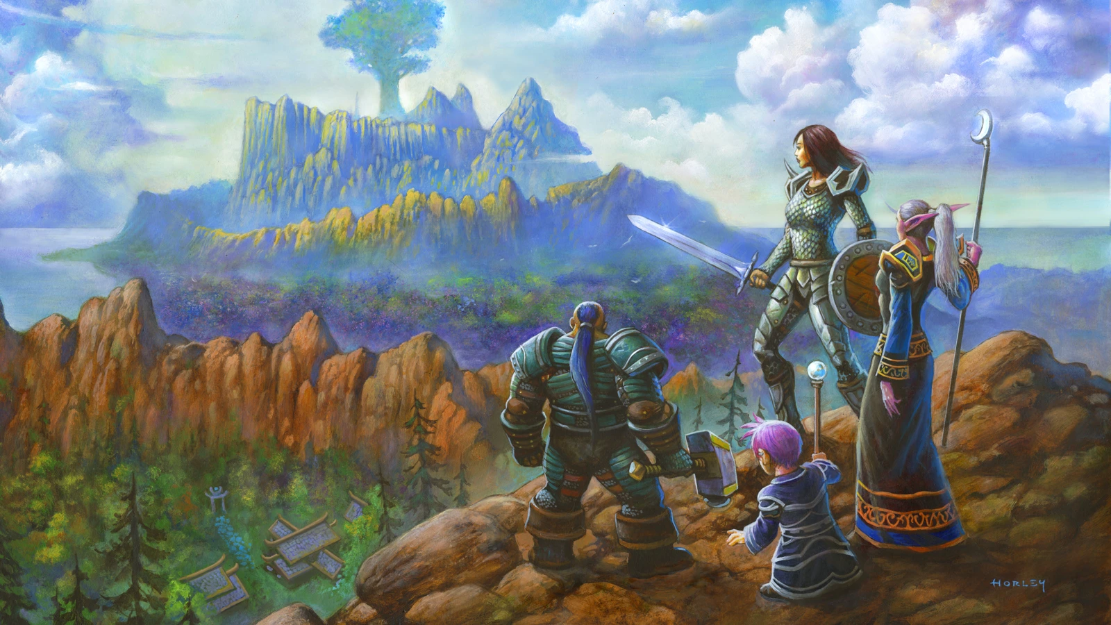 Alliance adventurers stand on a rocky ledge overlooking a wooded valley and distant mountains.