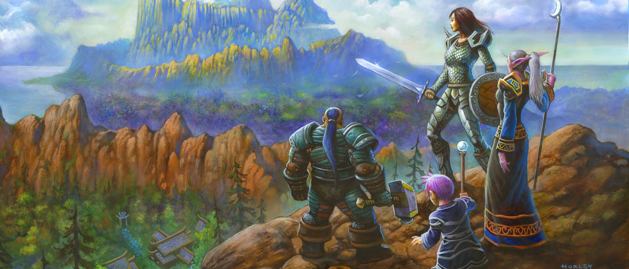 Alliance adventurers stand on a rocky ledge overlooking a wooded valley and distant mountains.