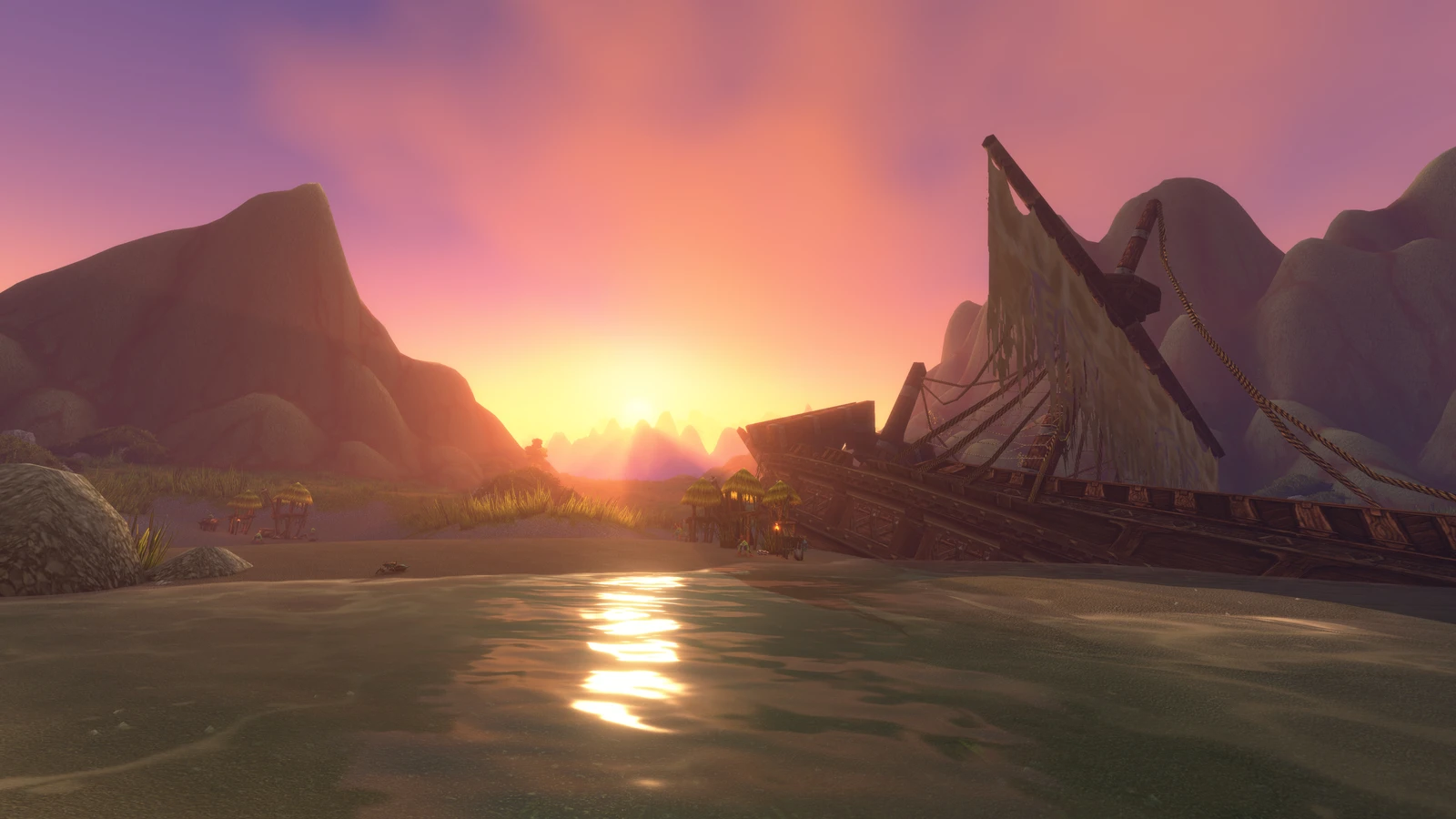A ship rests beside a Riverglades shore as sunlight reflects across the water.