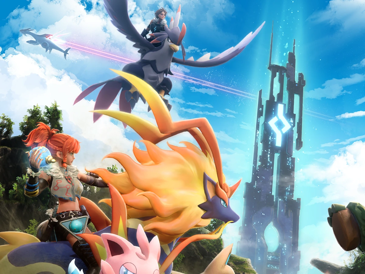Palworld promotional artwork showing trainers and armed Pals against a blue sky.