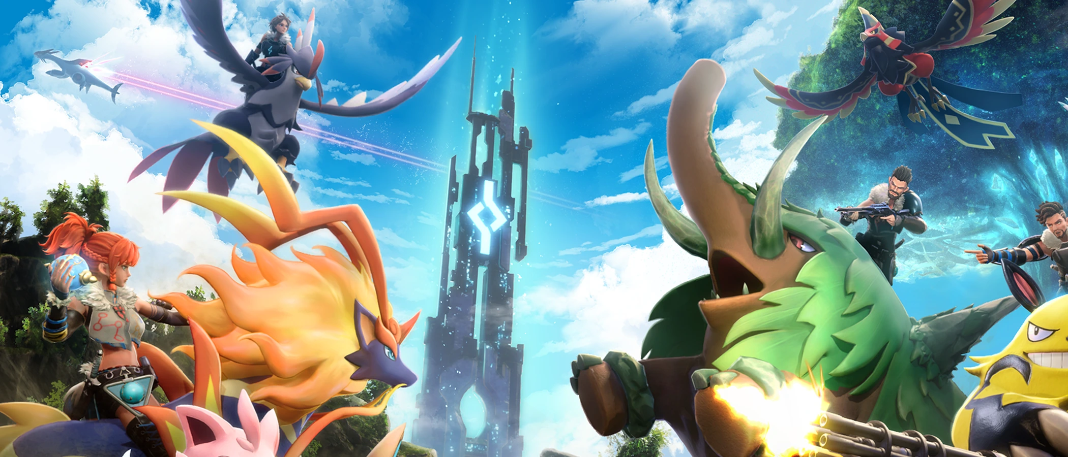 Palworld promotional artwork showing trainers and armed Pals against a blue sky.