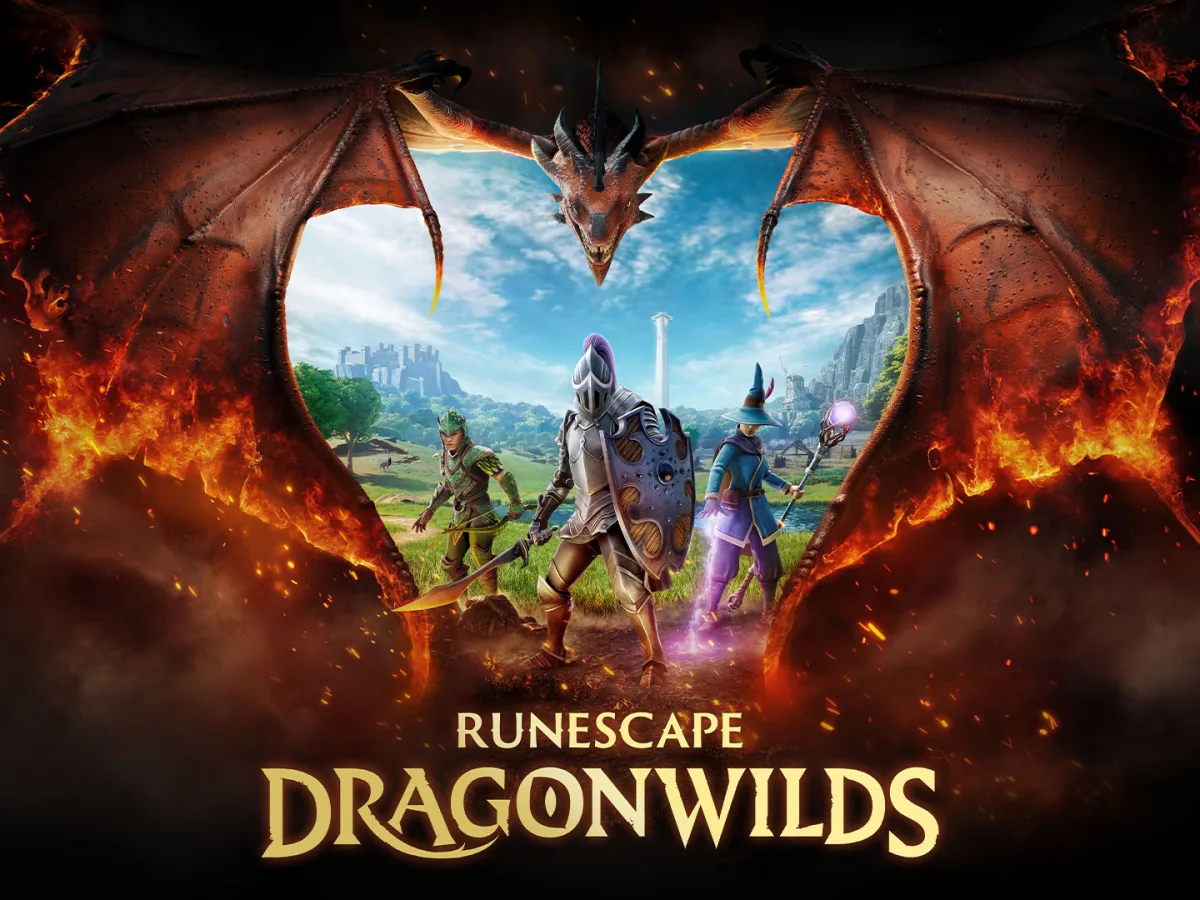 Three adventurers stand beneath a winged dragon in fantasy key art for RuneScape: Dragonwilds.