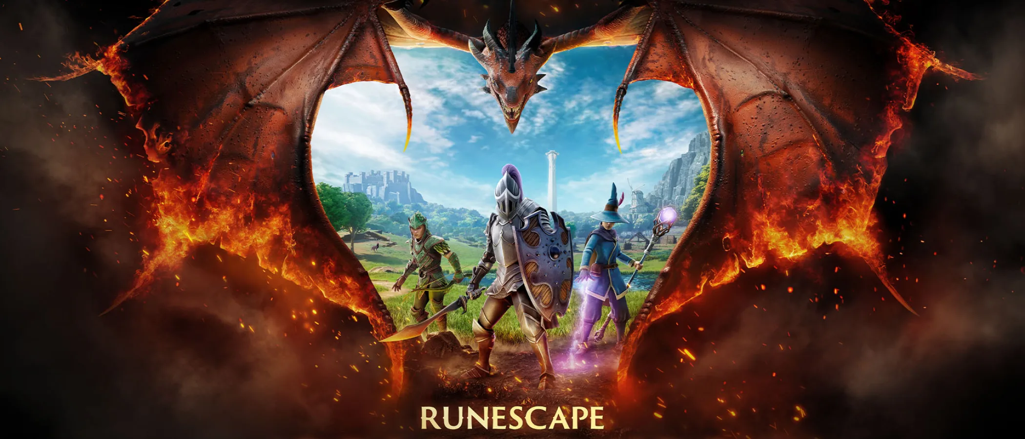 Three adventurers stand beneath a winged dragon in fantasy key art for RuneScape: Dragonwilds.