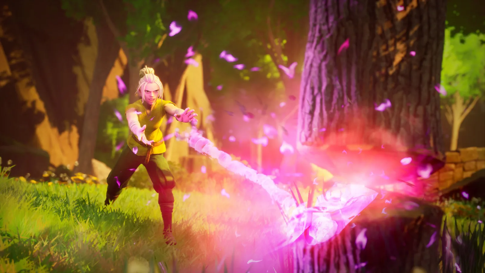 An adventurer casts a bright pink magical spell through a sunlit forest in RuneScape: Dragonwilds.