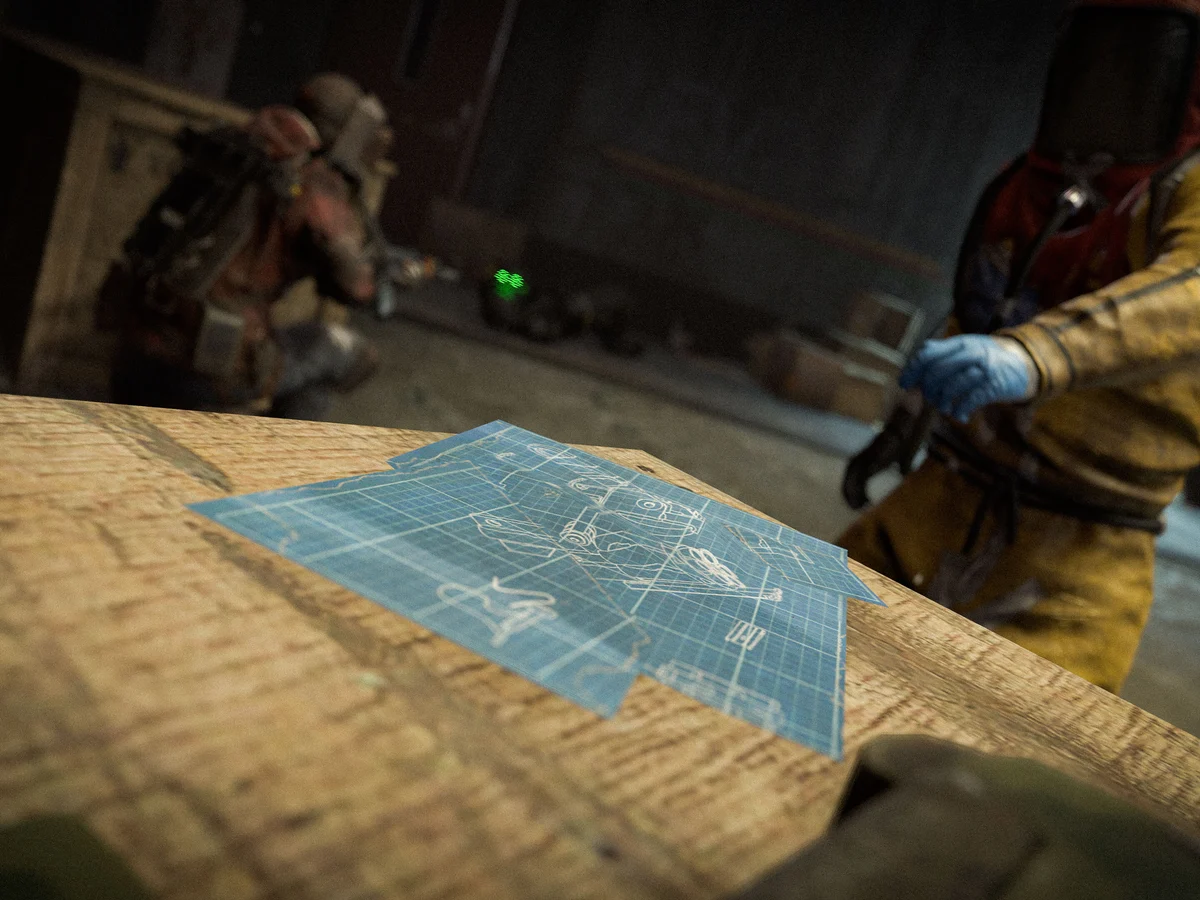 Blueprint fragments lie on a wooden table inside a Rust monument as armed players approach.