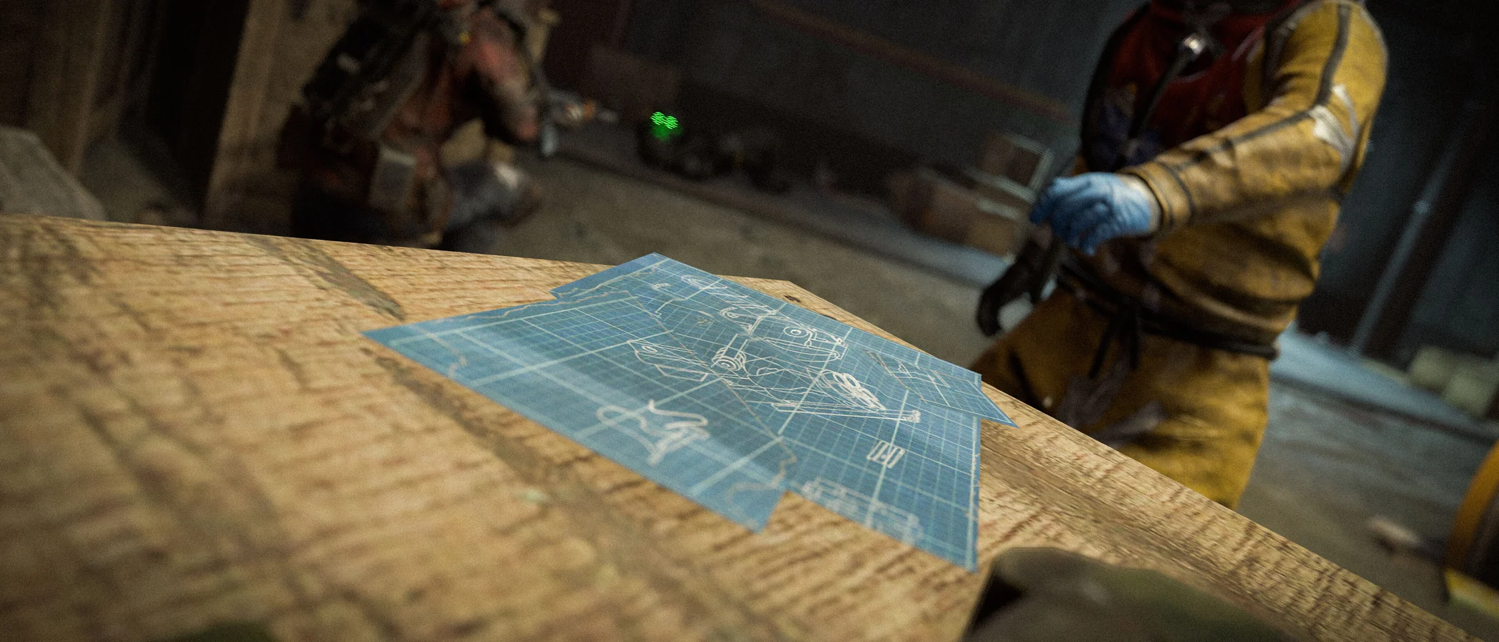 Blueprint fragments lie on a wooden table inside a Rust monument as armed players approach.