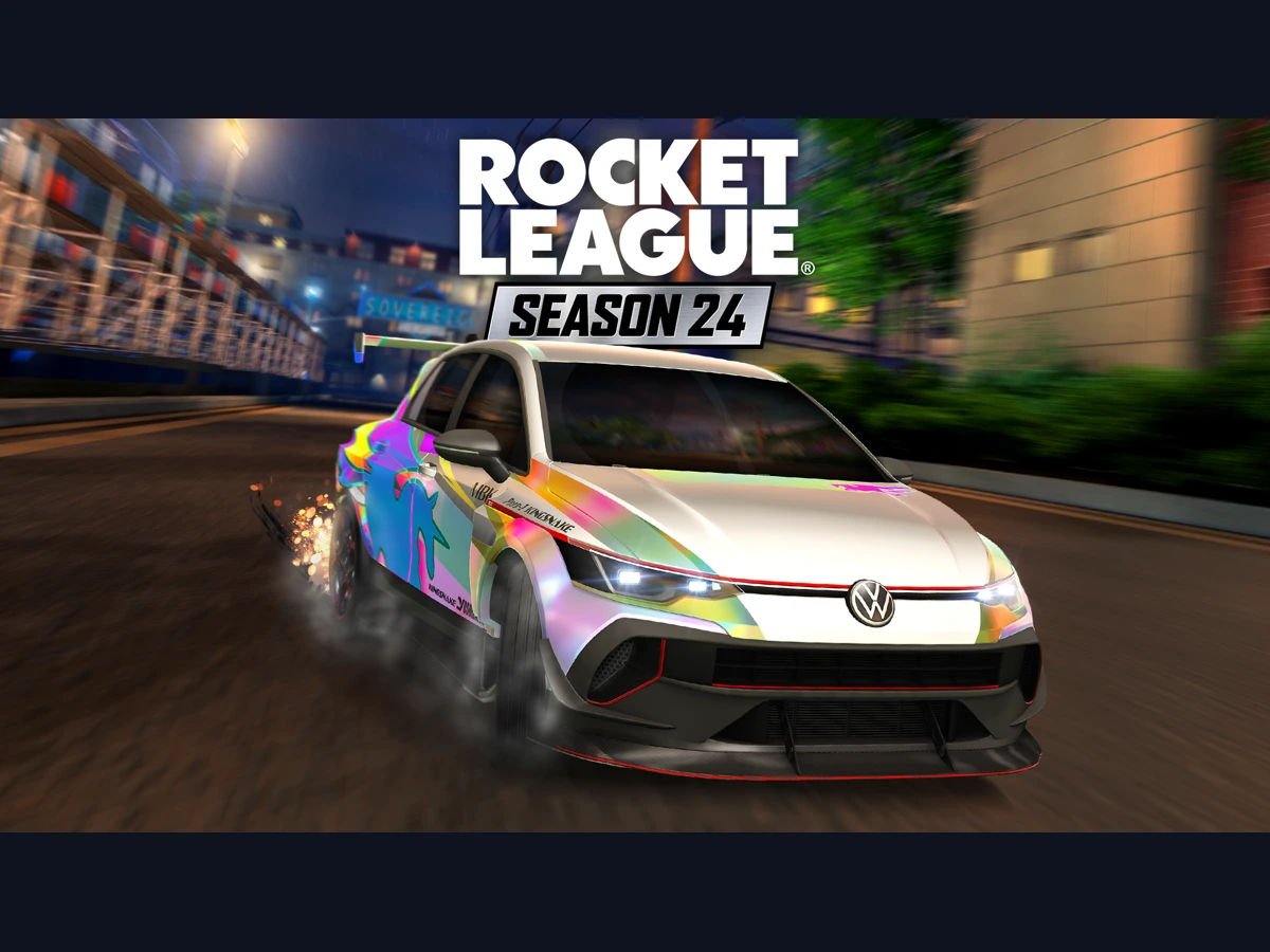 A Volkswagen Golf drifts beneath the Rocket League Season 24 logo in official promotional artwork.